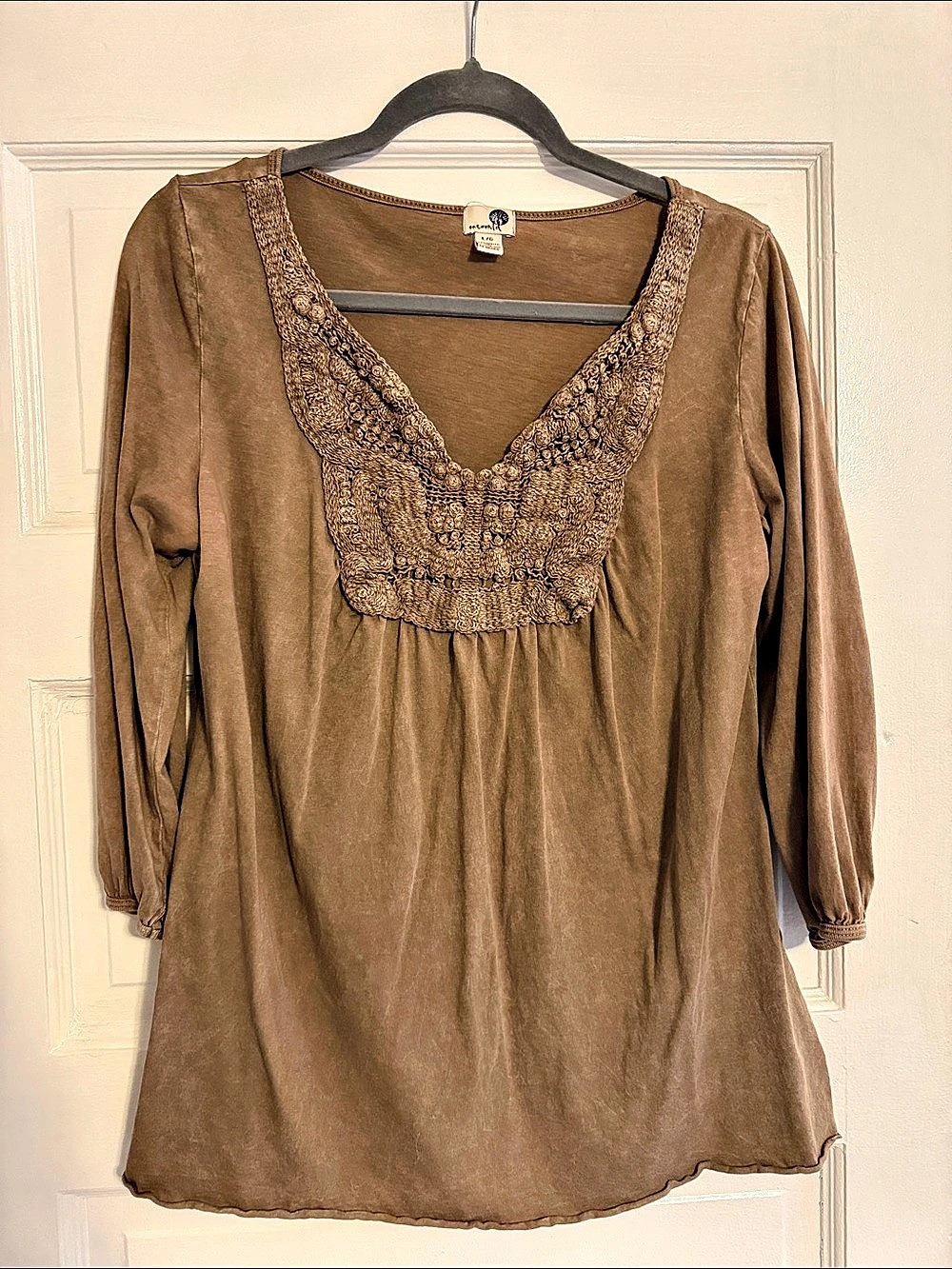 One World Embroidered Neckline Tunic in Brown Size Large